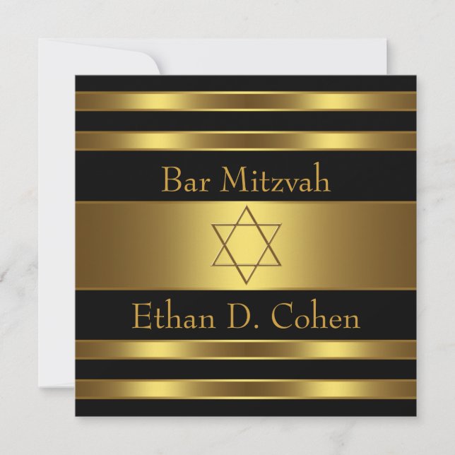 Black Gold Star of David Bar Mitzvah Invitation (Front)