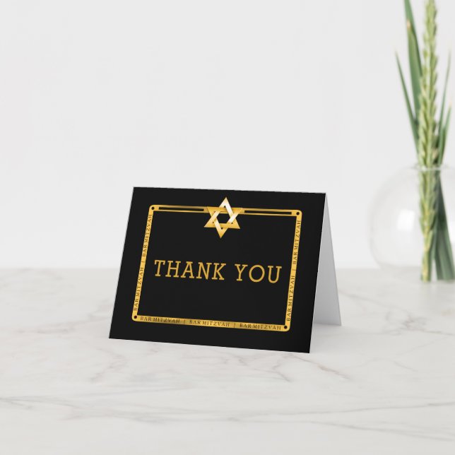 Black Gold Star of David Bar Mitzvah Thank You Card (Front)