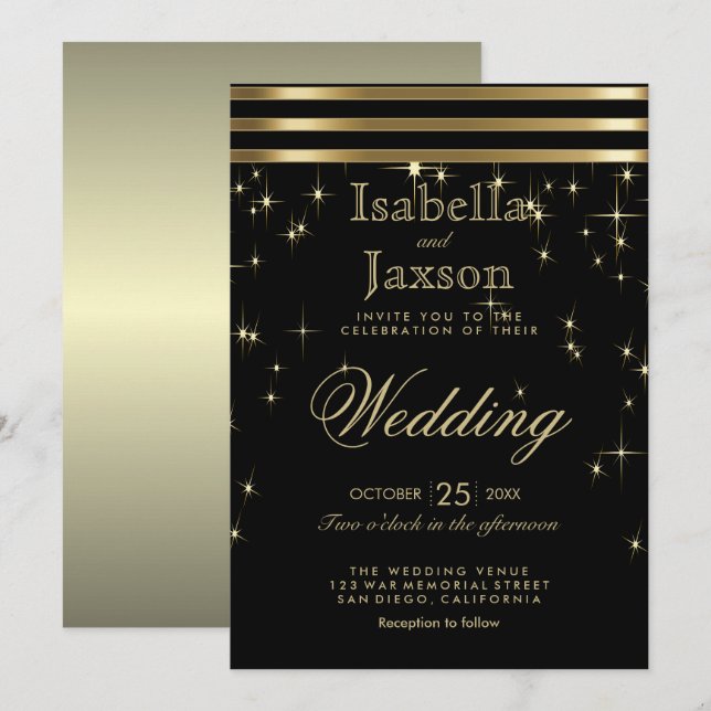 Black & Gold Starlights with Bars Invitation (Front/Back)