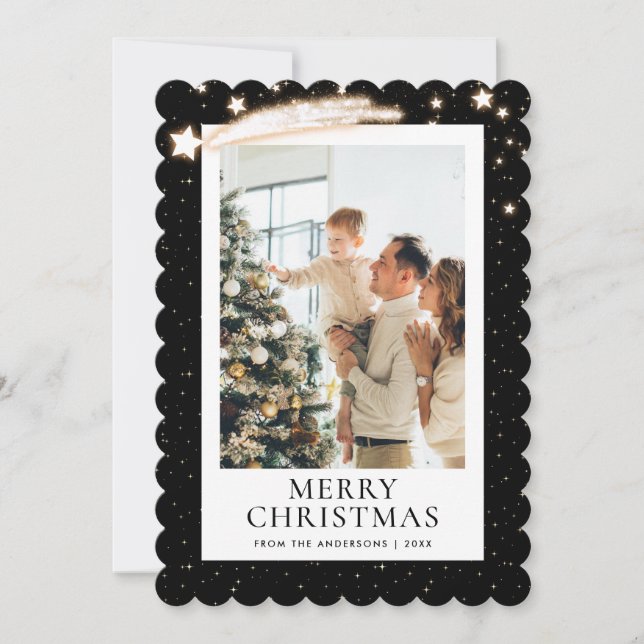 Black Gold Starry Night Photo Merry Christmas Holiday Card (Front)