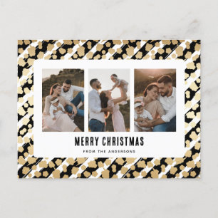 Black Gold Stars 3 Photo Merry Christmas Holiday Postcard