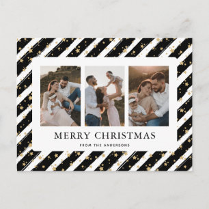 Black Gold Stars 3 Photo Merry Christmas Holiday Postcard