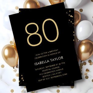 Black & Gold Stars 80th Birthday Invitation