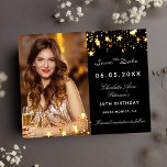 Black gold stars birthday party save the date announcement postcard<br><div class="desc">A photo Save the date for a 30th (or any age) birthday
On front: Add a vertical size photo. A classic black background colour,  decorated with faux gold stars. Personalise and add a name and details.  White letters.  For both him and her.</div>