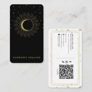 Black & Gold Stars Celestial Sunburst Moon QR  Business Card