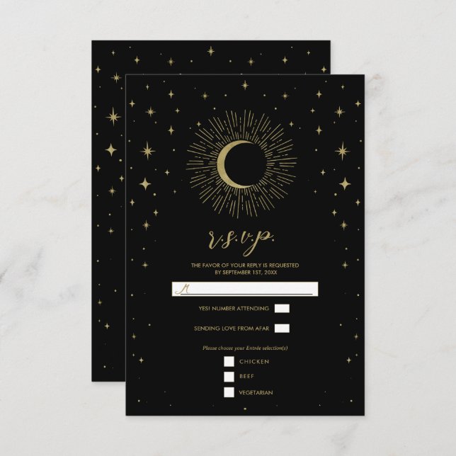 Black & Gold Stars Celestial Sunburst Moon RSVP (Front/Back)