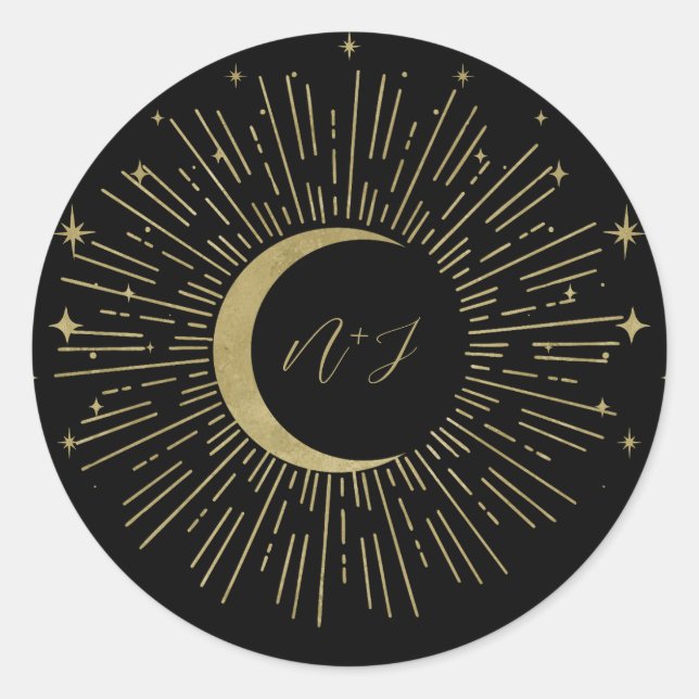 Black & Gold Stars Celestial Sunburst Moon Wedding Classic Round Sticker (Front)