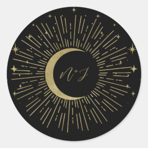 Black & Gold Stars Celestial Sunburst Moon Wedding Classic Round Sticker