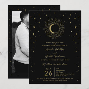 Black & Gold Stars Celestial Sunburst Moon Wedding Invitation