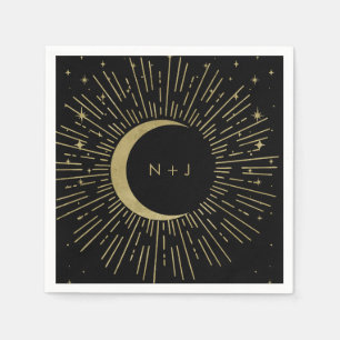 Black & Gold Stars Celestial Sunburst Moon Wedding Napkin