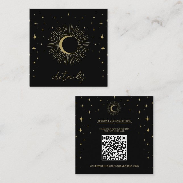 Black & Gold Stars Celestial Sunburst Moon Wedding Square Business Card (Front/Back)