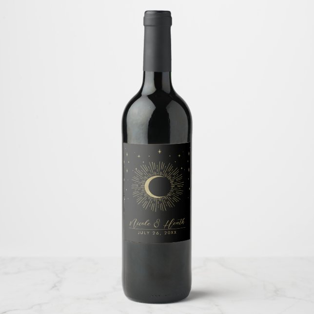 Black & Gold Stars Celestial Sunburst Moon Wedding Wine Label (Front)