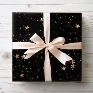 Black & Gold Stars   Celestial Wrapping Paper