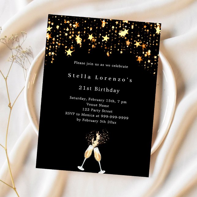 Black gold stars cheers birthday invitation (Creator Uploaded)