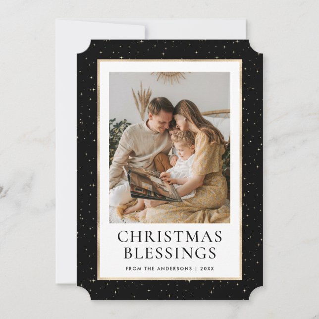 Black Gold Stars Christmas Blessings Photo Holiday Card (Front)