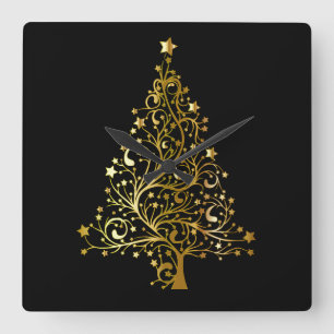 Black Gold Stars Christmas Tree Elegant Wall Clock