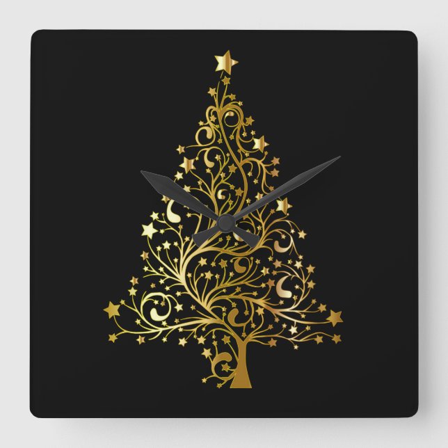Black Gold Stars Christmas Tree Elegant Wall Clock (Front)