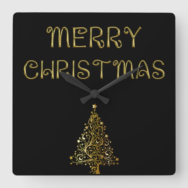 Black Gold Stars Christmas Tree Elegant Wall Clock (Front)