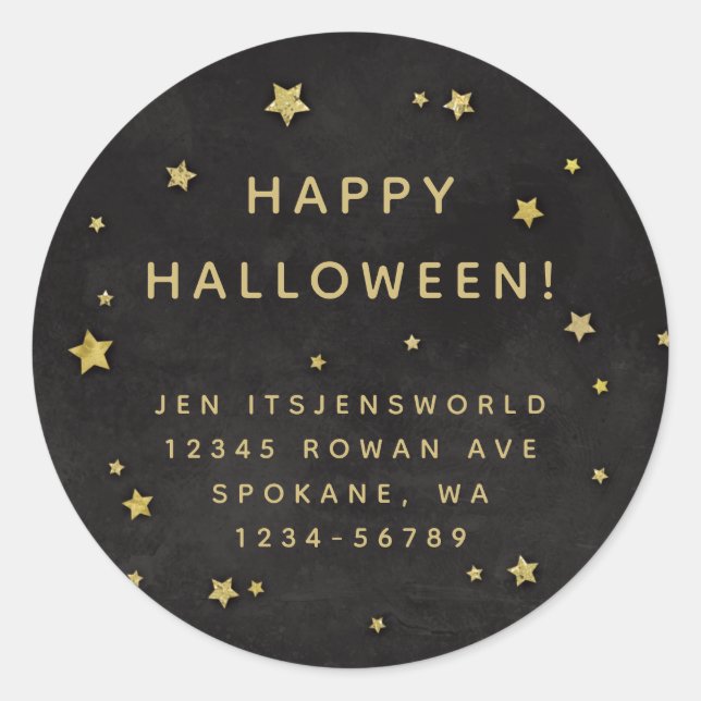 Black + Gold Stars Custom Text/Address Classic Round Sticker (Front)