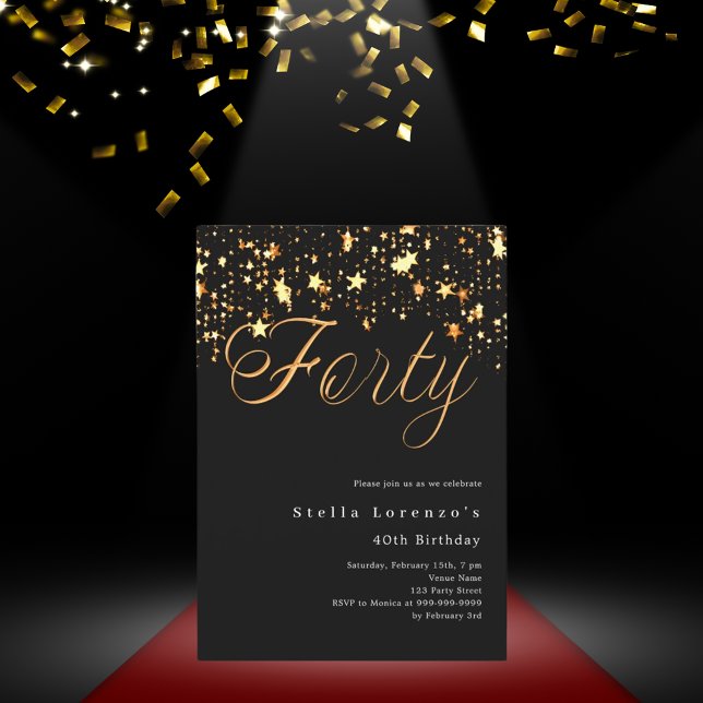 Black gold stars elegant 40th birthday luxury invitation (Creator Uploaded)