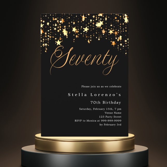 Black gold stars elegant 70th birthday invitation (Creator Uploaded)