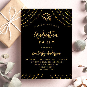 Black gold stars graduation party luxury invitation