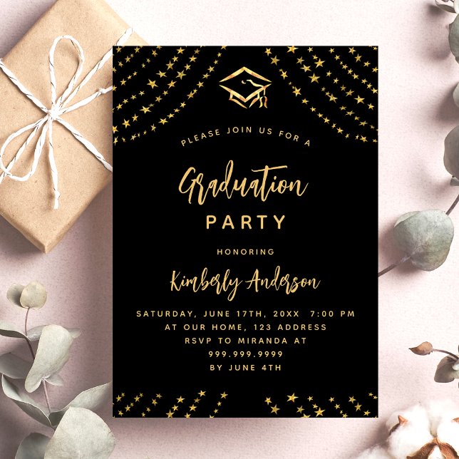 Black gold stars graduation party luxury invitation (Creator Uploaded)