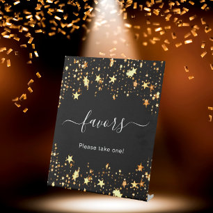 Black gold stars guest party favours pedestal sign