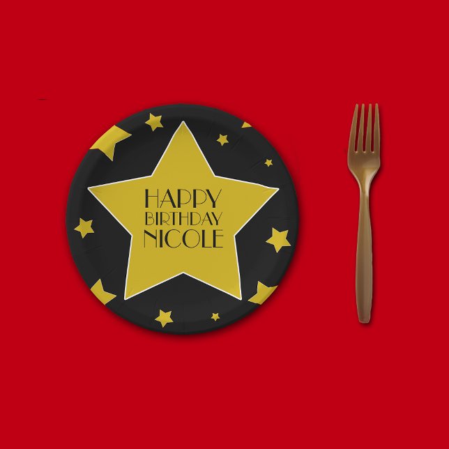 Black  Gold Stars Hollywood Birthday Name Paper Plate (Creator Uploaded)