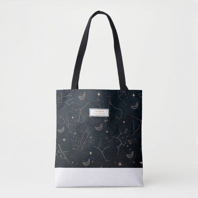 Black & gold stars name constellations tote bag (Front)