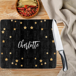 Black gold stars name elegant cutting board