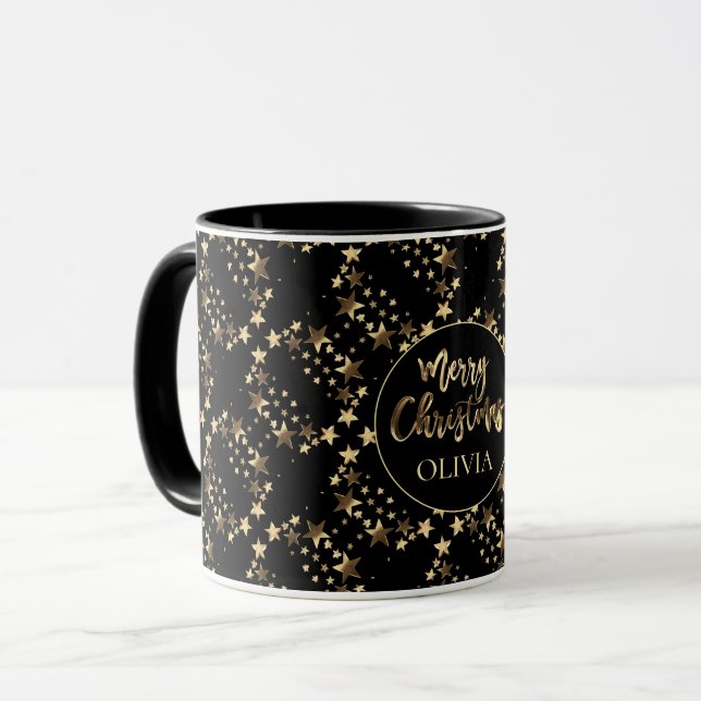Black Gold Stars Pattern Add Name Merry Christmas Mug (Front Left)