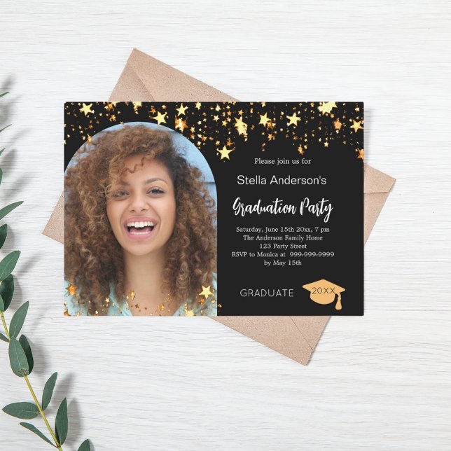 Black gold stars photo arch graduation party invitation (Creator Uploaded)