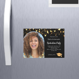 Black gold stars photo arch graduation party magnetic invitation