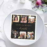 Black gold stars photo collage birthday napkin<br><div class="desc">For a woman's 21st (or any age) birthday, celebrating her life with a collage of 6 of your high quality photos of her, her friends, family, interest or pets. Personalise and add her name, age 21. Golden text. A chic, classic black background colour. Her name is written with a modern...</div>