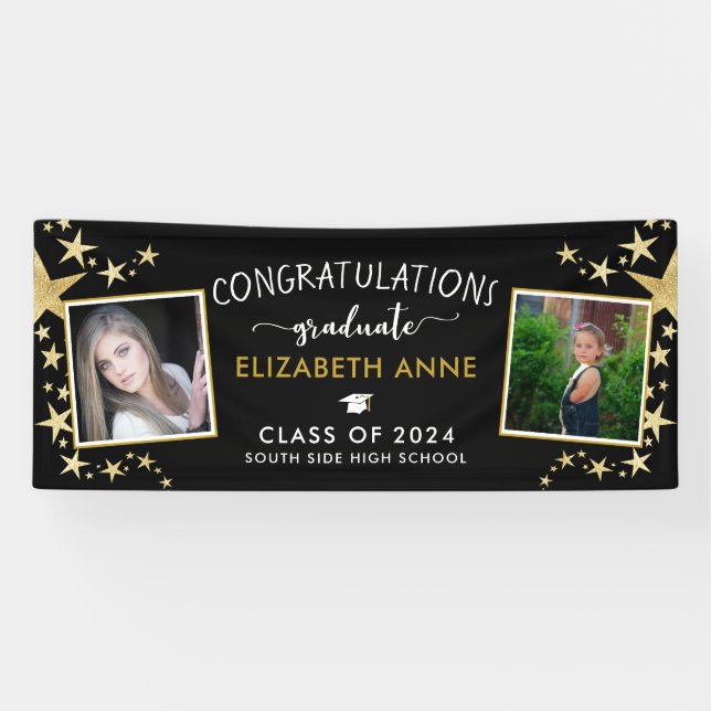 Black & Gold Stars Photo Congratulations Graduate Banner (Horizontal)