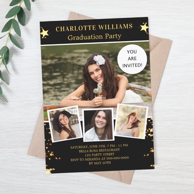 Black gold stars photo graduation party luxury invitation (Creator Uploaded)