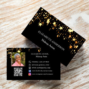 Black gold stars Qr code social media photo Business Card