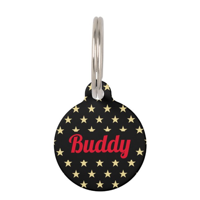 Black Gold Stars Red Dog Puppy Cat Kitty Name Cool Pet Tag (Front)