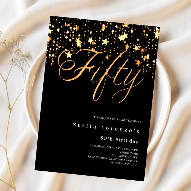 Black gold stars script 50th birthday luxury invitation (Creator Uploaded)