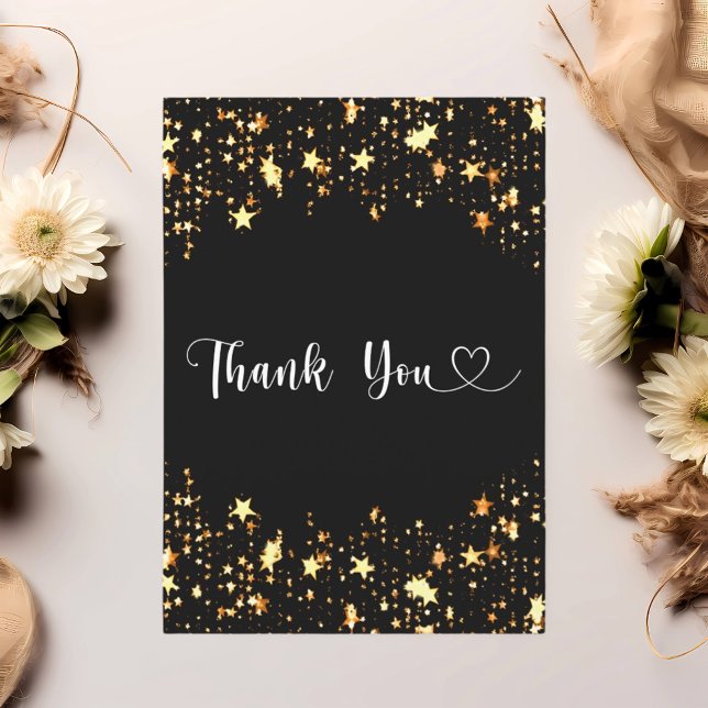 Black gold stars script thank you card (Creator Uploaded)