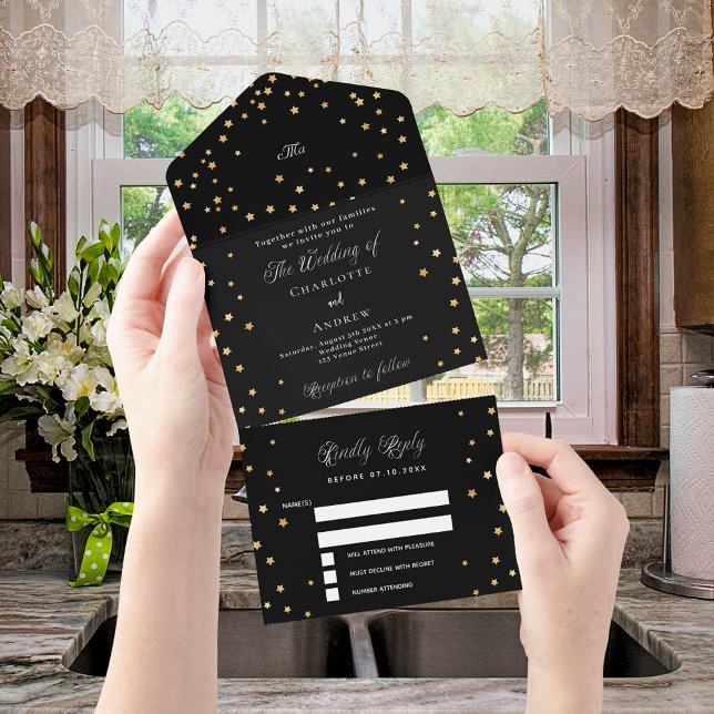 Black gold stars script wedding all in one invitation (Creator Uploaded)