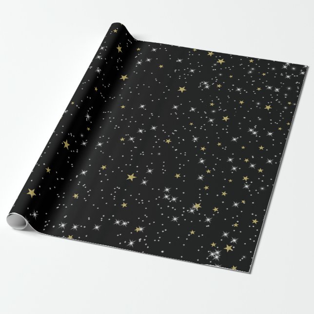 Black Gold Stars Sky Sparkle Birthday Party Wrapping Paper (Unrolled)