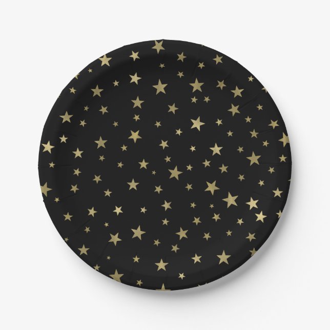 Black & Gold Stars Starry Night Celestial Party Paper Plate (Front)