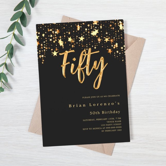 Black gold stars typography 50th birthday invitation (Creator Uploaded)