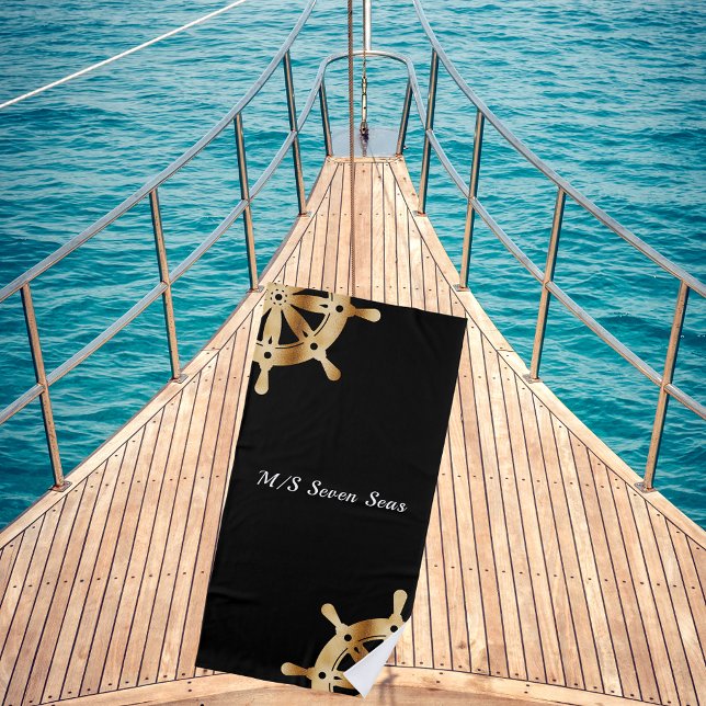Black gold steering wheels yacht boat name beach towel (Creator Uploaded)