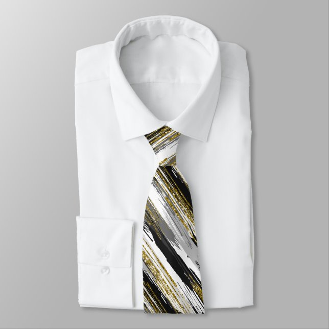Black Gold Streak Modern Abstract Tie (Tied)
