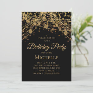 Black Gold String Lights Any Age Women's Birthday Invitation