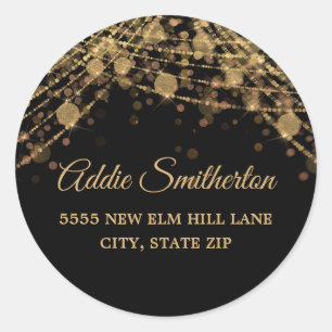 Black Gold String Lights Bokeh Return Address  Classic Round Sticker