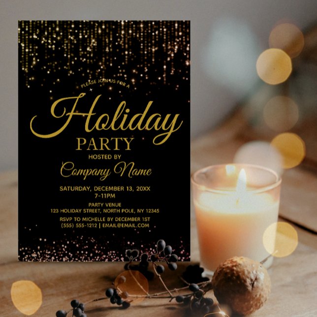 Black Gold String Lights Corporate Holiday Party Invitation (Creator Uploaded)